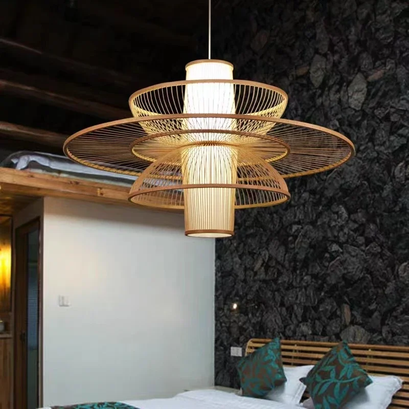 Japanese Lighting Decor - Wiejski ręcznie tkany bambusowy rattanowy żyrandol